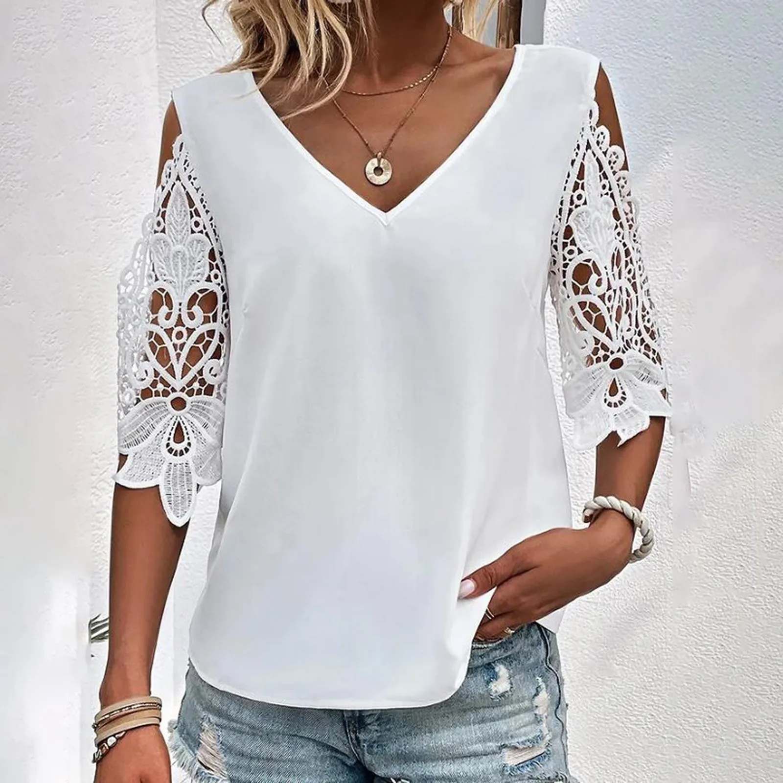 Women's T Shirt Lace Cut Out Plain Daily Half Sleeve V Neck Basic Tops Layering Tees For Women Vintage Tshirts Female Clothing