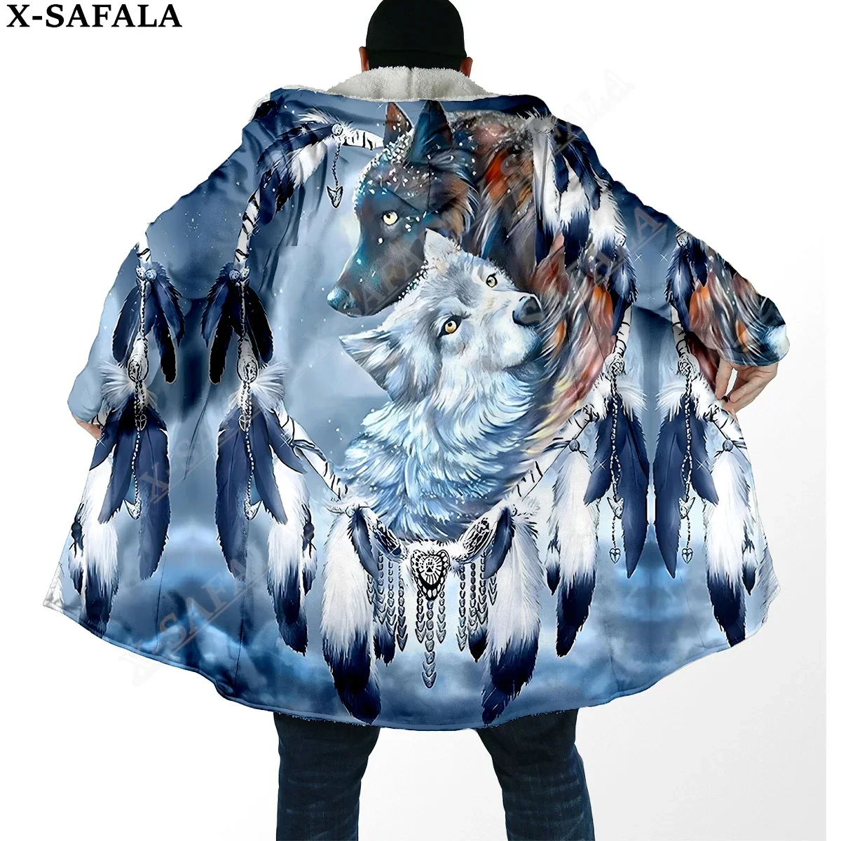 

Native Dream Catcher Wolf Art Moon 3D Print Dream Cloak Thick Warm Hooded Men Overcoat Coat Windproof Fleece Cape Robe Blanket-4