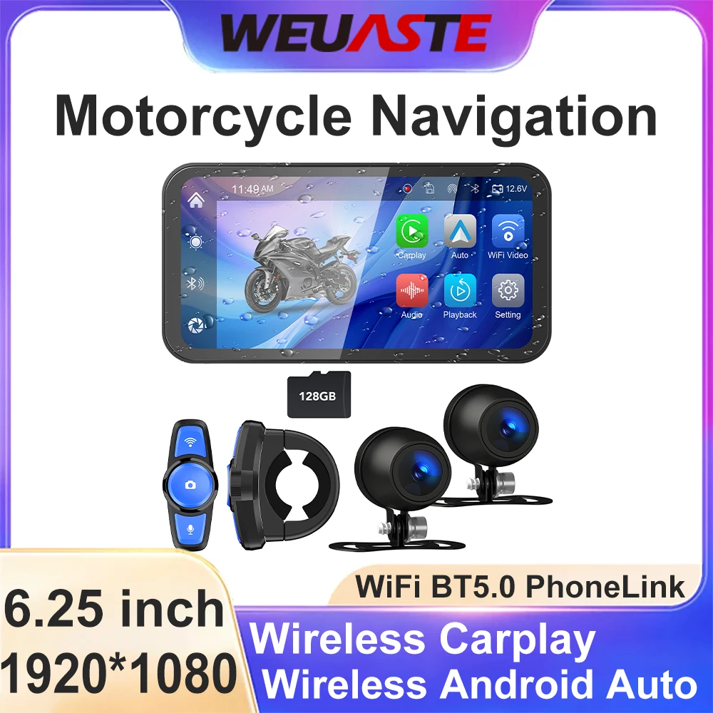 6.25 inch Portable Motorcycle Navigation Display Screen Wireless CarPlay Moto GPS Para Moto Android Auto Monitor Waterproof