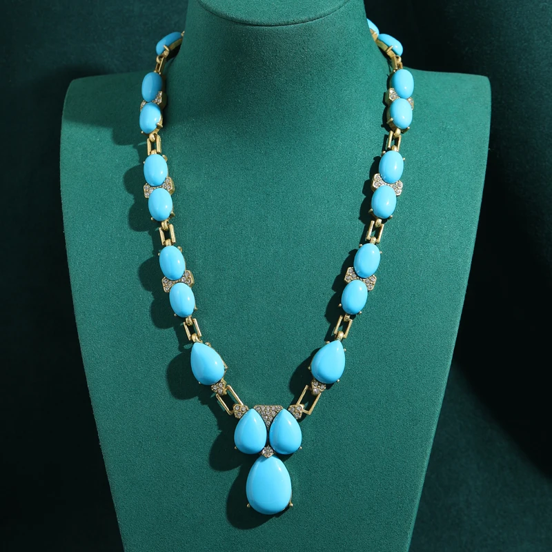 

Pendant Vintage Turquoise Natural Stone Necklace Beads Chain Design Gold Color Jewelry Handmade Gifts High Brand Women Party New