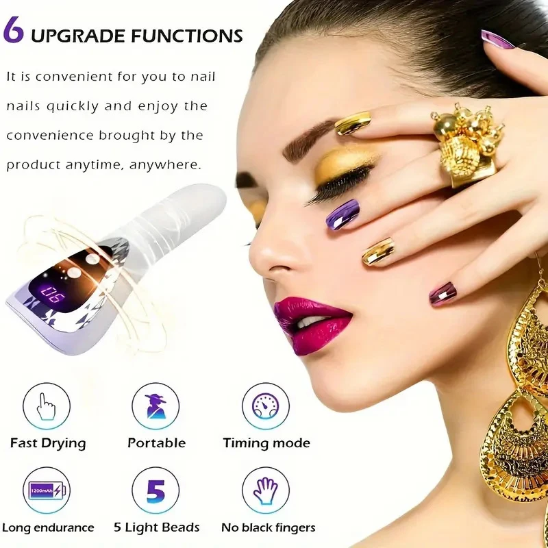 Lámpara LED UV de mano para uñas, secador de uñas recargable con 5 cuentas de lámpara, máquina de secado rápido, manicura portátil para salón DIY en casa
