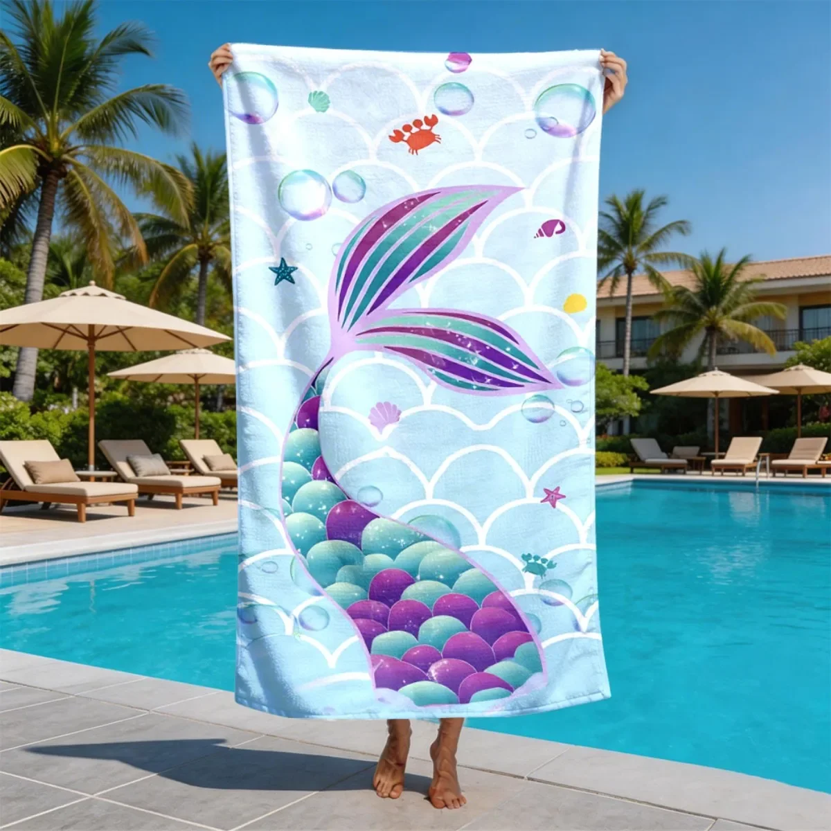 Gradually changing color mermaid tail polyester microfiber beach towel is highly absorbent, suitable swimming and beach outings
