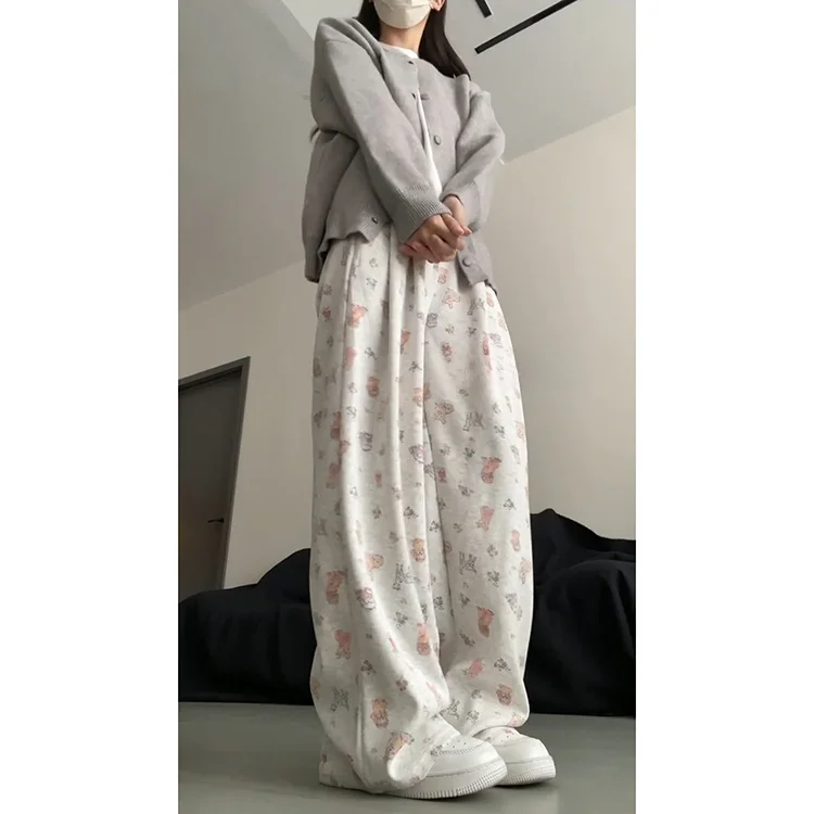 Cute Cartoon Print Dog High Waist Straight Leg Pants Women's Casual Trousers Spring Summer 2025 New Korean Sle Polyester Fiber