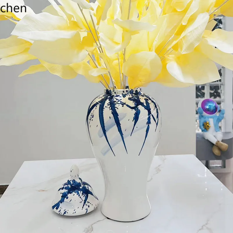 Hxl ceramic hand-painted landscape splatter ink blue general jar open-mouth vase entryway ornament