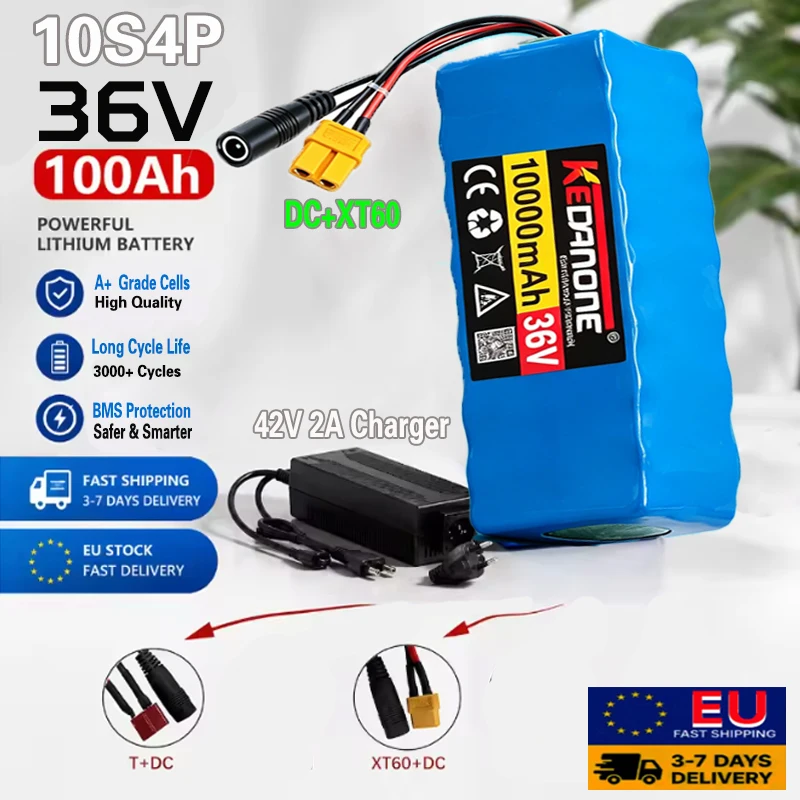 2026 Neue Verbesserte 36V Elektroroller-Batterie 100000mAh 18650 Lithium-Akkupack, Xt60-Stecker + DC-Stecker, mit BMS für E-Bike E-Scooter Hochleistung 42V500W
