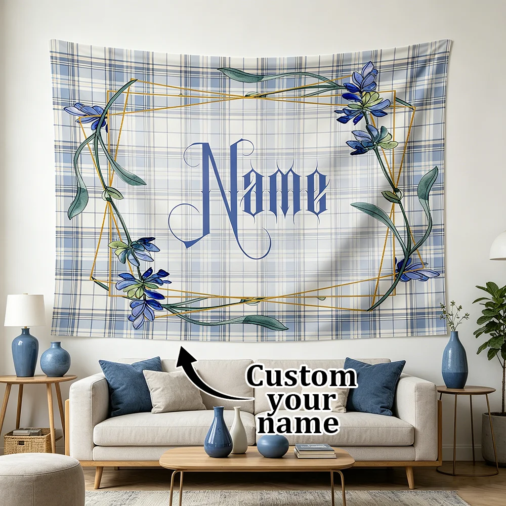 1PC Custom Name Tapestry, Blue Plaid Floral Geometric Frame Print, Personalized Wall Hanging for Bedroom Living Room Home Decor