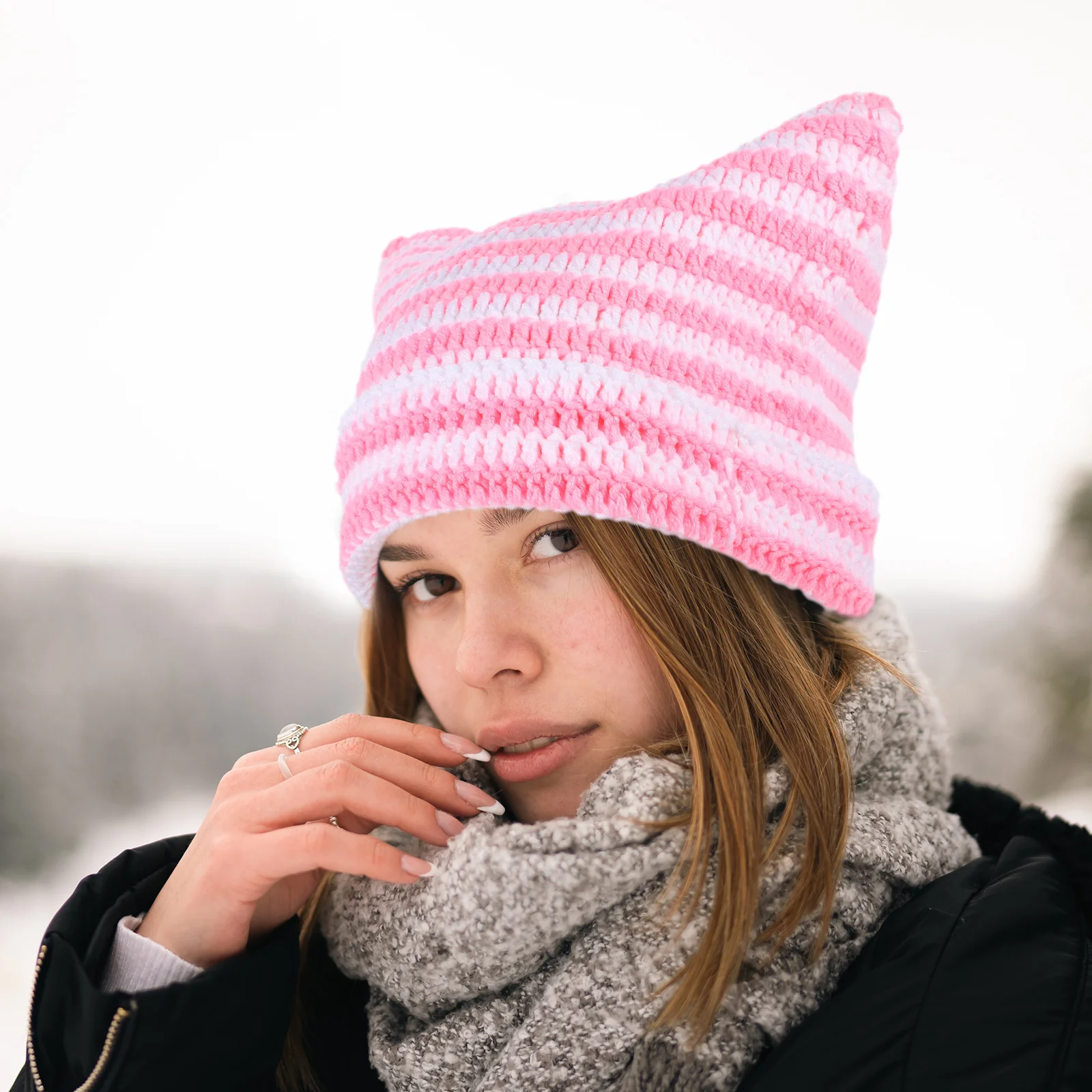 Adult Striped Cat Hats Hand-knitted Warm Pullover (#4 Pink White) Women Outdoor Caps