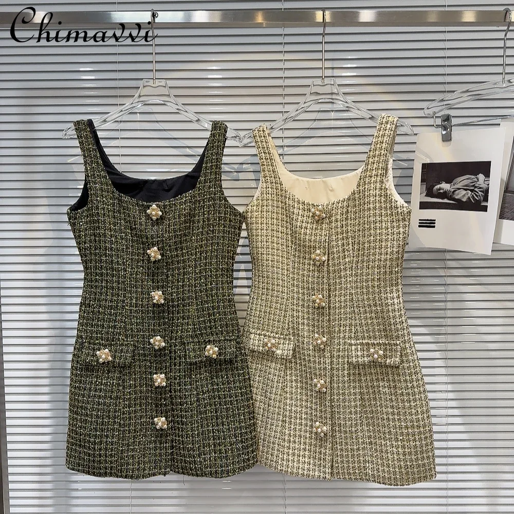 

2024 Autumn New High-End Beaded Buckle Bright Silk Tweed Vest Dress Women's Fashion Sleeveless Elegant Slim-fit Mini Dresses