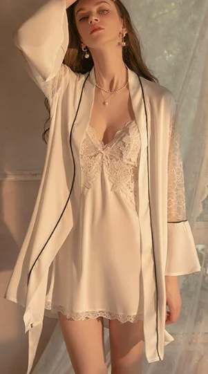New Design Autumn Silk Nightgown Satin Suspenders Nightdress Women's Deep V Lace Pajamas 3 Pieces Home Dress Set