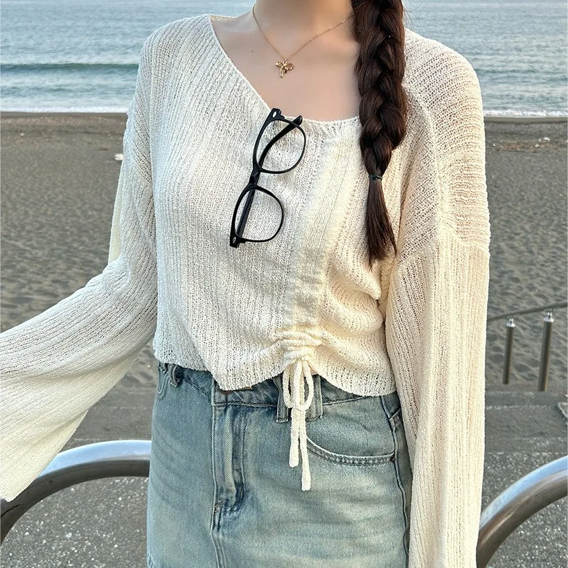 

Korean Sle One oulder Knitted Sweater Women's Early Autumn New Dstring Knot Sunade Cover up Long Sve Pu...