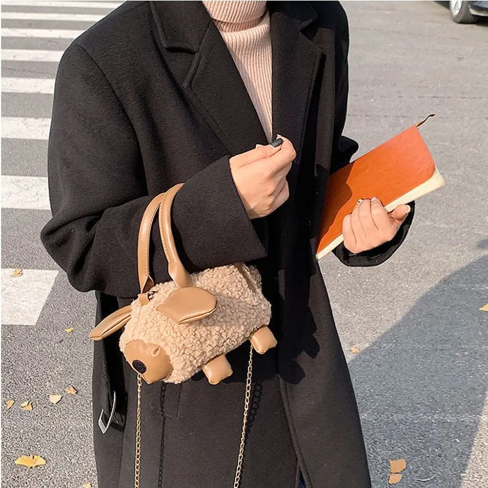 Cartoon Sheep Shape Plush Small Handbag Shoulder Bag Women's Plush Chain Crossbody Bag Mini Bag