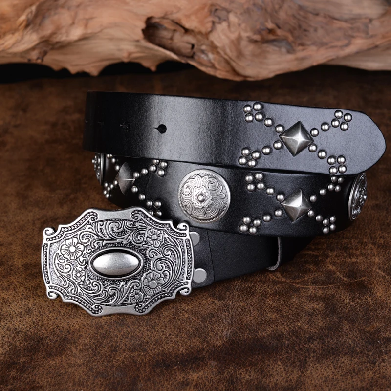 

Men Vintage Metal Buckle Belt Jeans Punk Men's 100% Genuine Cow Leather Belt Cinturon Mujer Western Cowboy Strap Ceinture