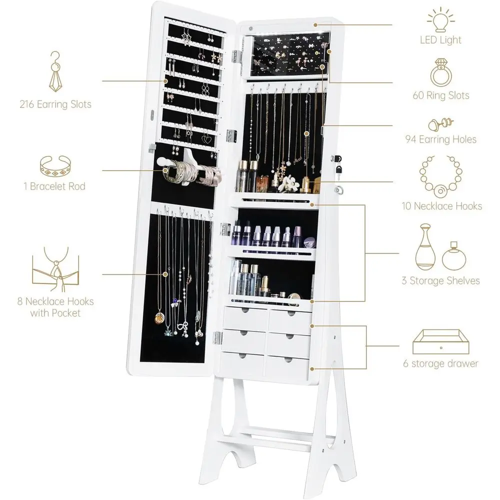 ull Length Mirror lry Armoire Cabinet Standing Organizer | Lockable lry Storage or Women Girl ull-Length elLED Lights 6 Ders Whi