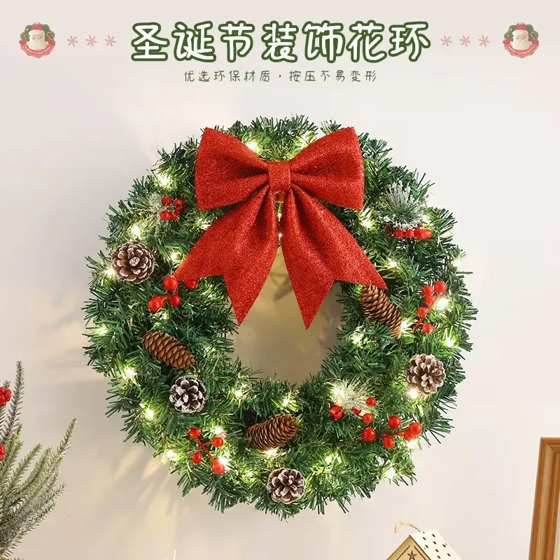 Pre Lit Christmas Wreath with Red Bow Pine Cones Berries for Front Door Wall Hanging Holiday Home Decor 24 Inch