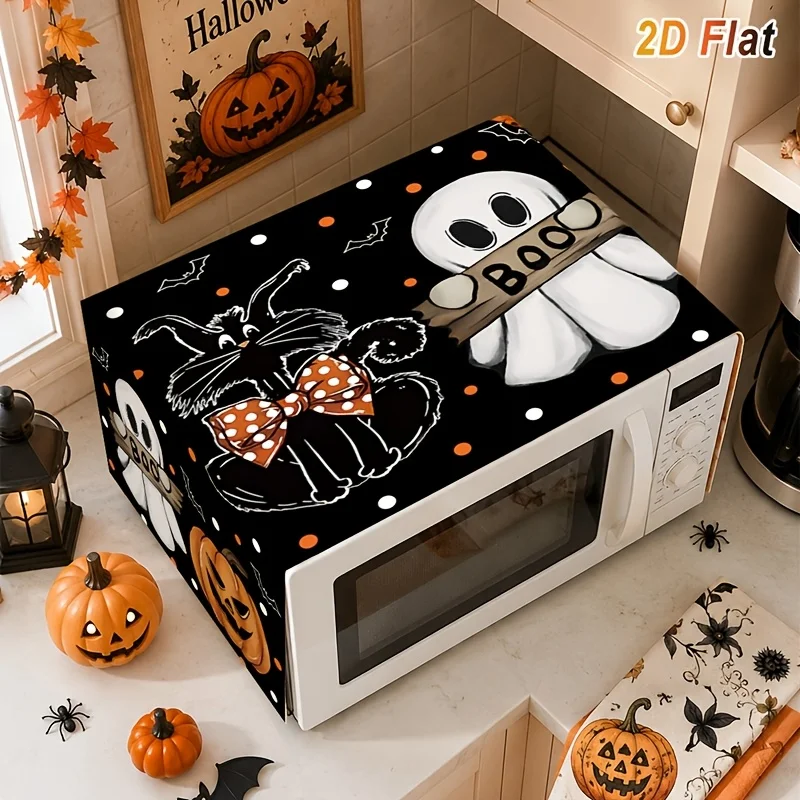 1PC 2D Flat Halloween Microwave Cover, Black Cat Boo Ghost Print, Kitchen Appliance Dust Protector, Holiday Home Decor