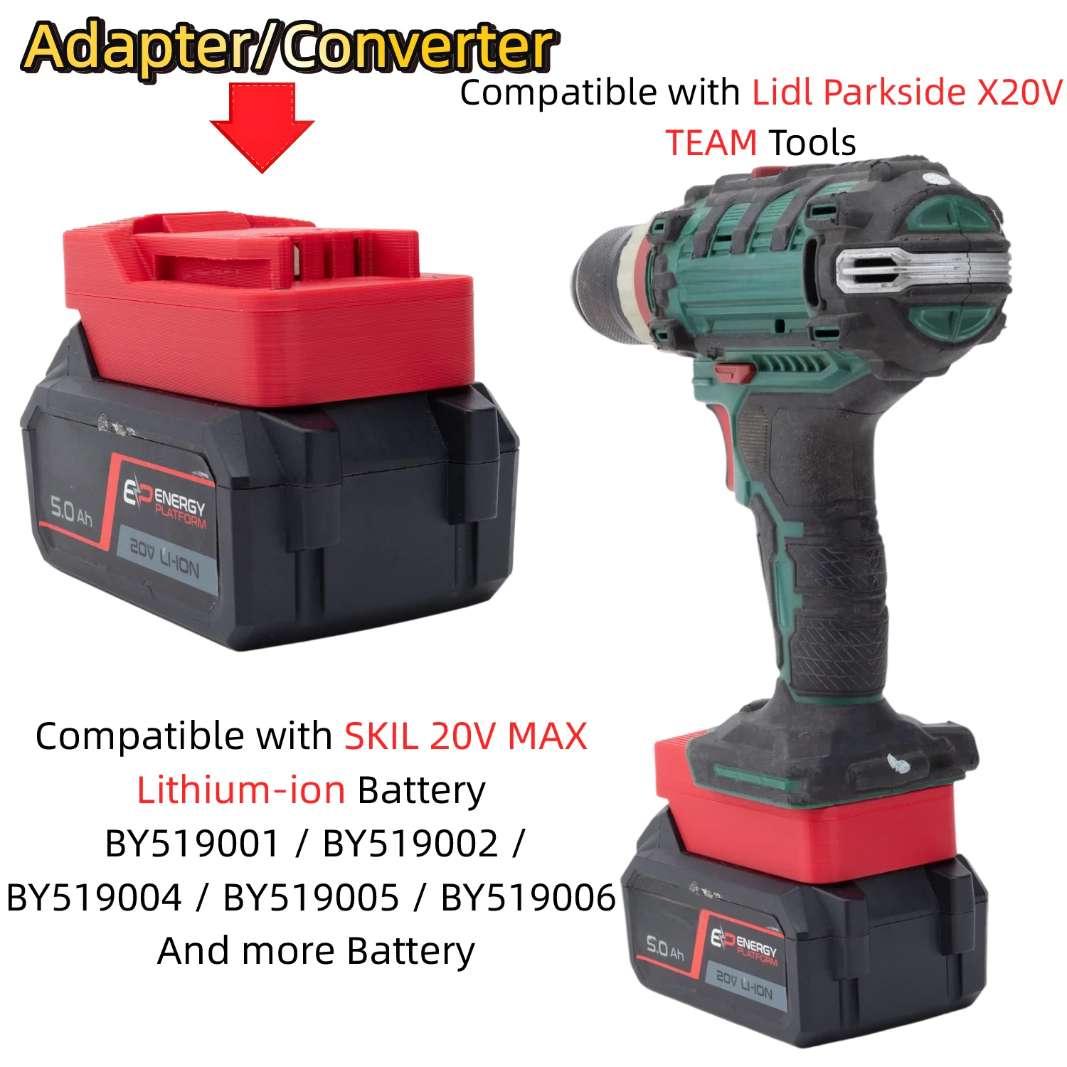Battery Adapter/Converter for SKIL 20V MAX Lithium-ion Battery TO Lidl Parkside X20V TEAM Drill Impact Wrench(Only Adapter)