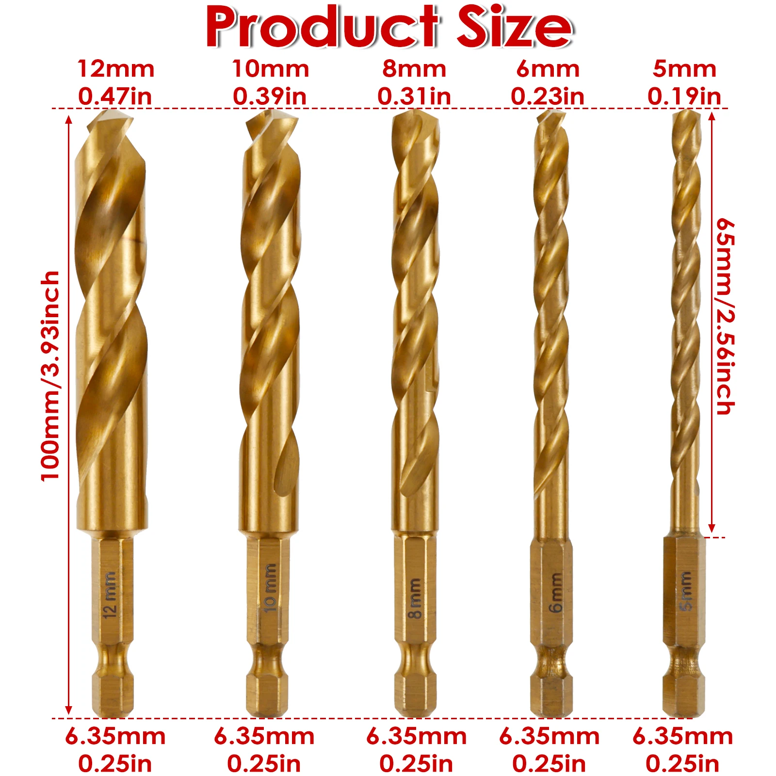 5Pcs Twist Drill Bit Set Titanium Coated High Speed Steel Jobber Drill Bit 5mm 6mm 8mm 10mm 12mm Hex Shank Quick Change Twist