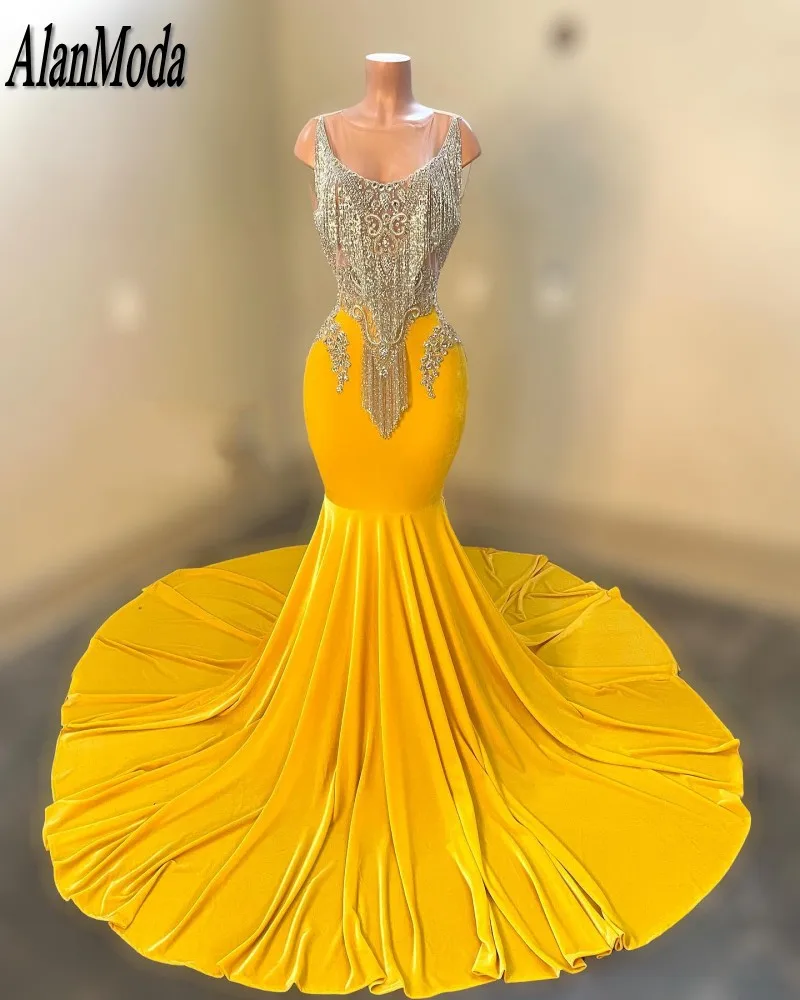 Vestidos de baile em cristal para meninas, vestidos de veludo, gola redonda, ocasião formal, vestido de festa, amarelo, luxo, 2022