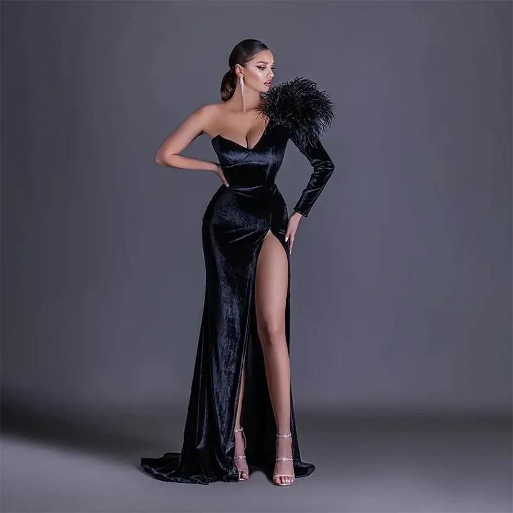 

Sexy One Shoulder Long Sleeve Prom Dress Black Velvet Mermaid Evening Gowns Side Split Formal Party Wear