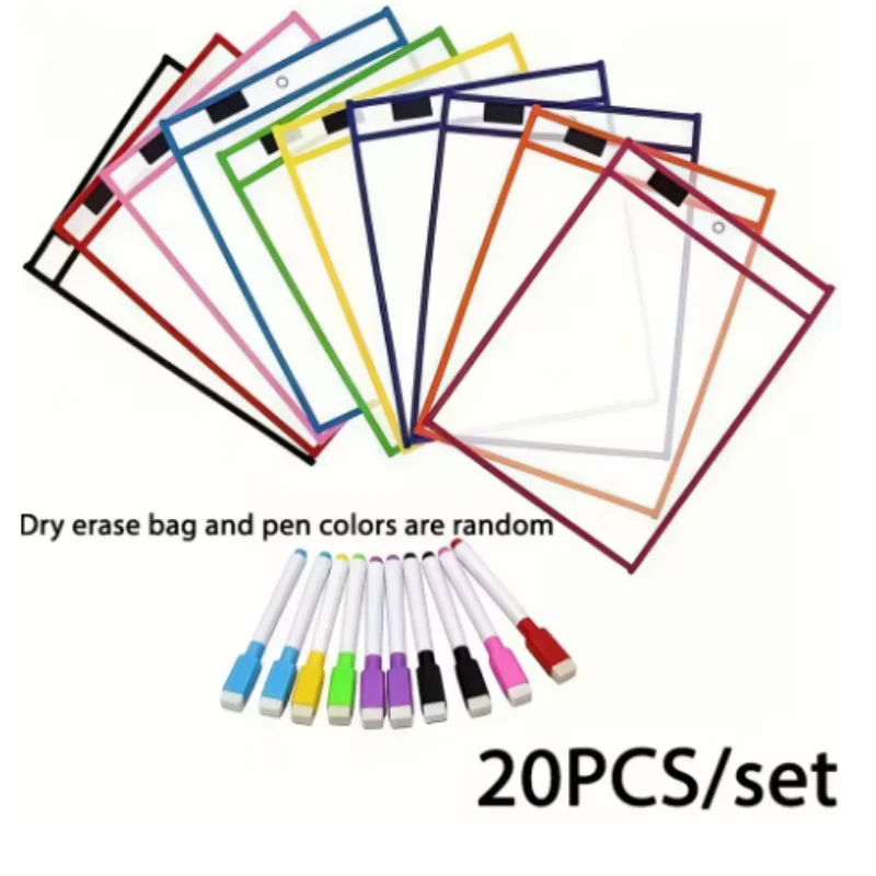 

20 Pcs Kids Dry Erase Pocket Set 10 Reusable Sleeves + 10 Markers Extra Large Clear Homework Sheet Protectors for Home Learning