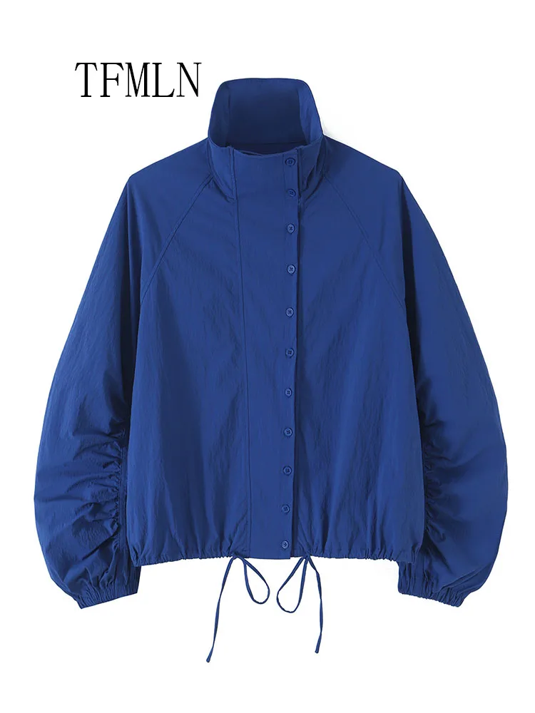 TFMLN Vintage Blue Single Breasted Jackets For Women 2026 Autumn New Chic Causal Folds Sleeve Stand Collar Coats High Street Top