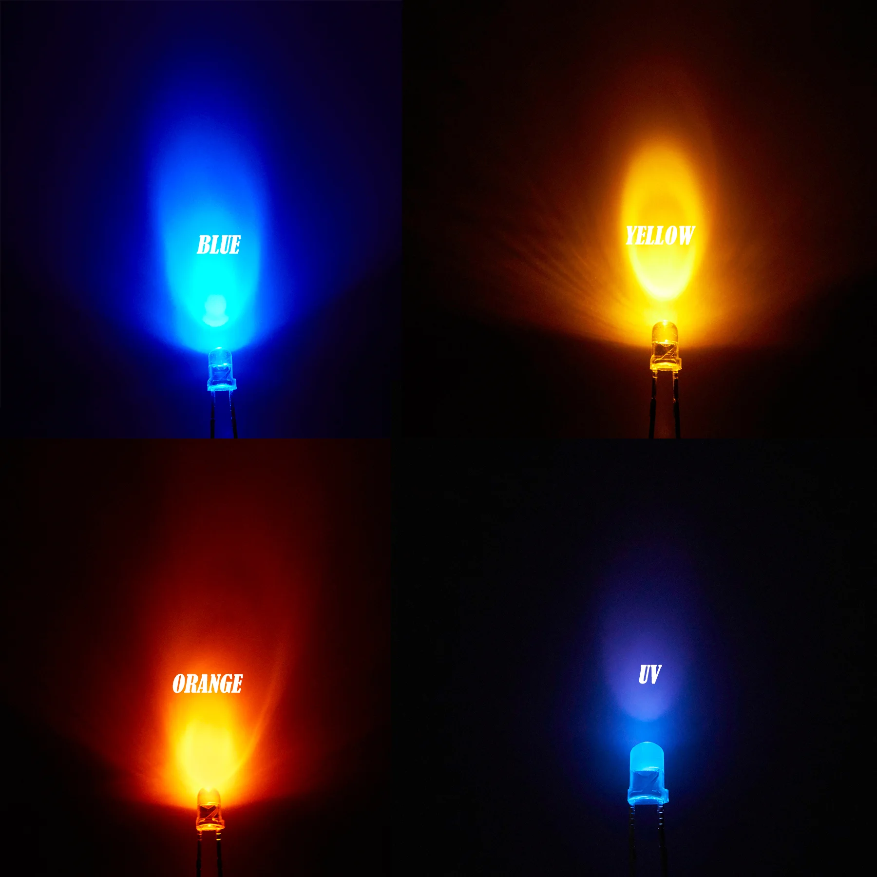 100 Stück 3mm LED-Dioden-Set Ultrahell Warmweiß Rot Grün Blau UV Lila Gelb Orange Rosa 2V 3V F3 3 mm Emissions-Sortiment – Detail 5