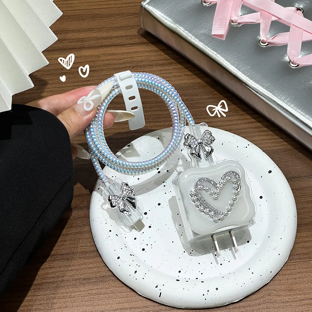 لطيف لؤلؤة الحب القلب القوس الكهربائي الفضة USB حامي غطاء آيفون 18 واط-20 واط كابل نقل بيانات رئيس الحبل شحن سريع