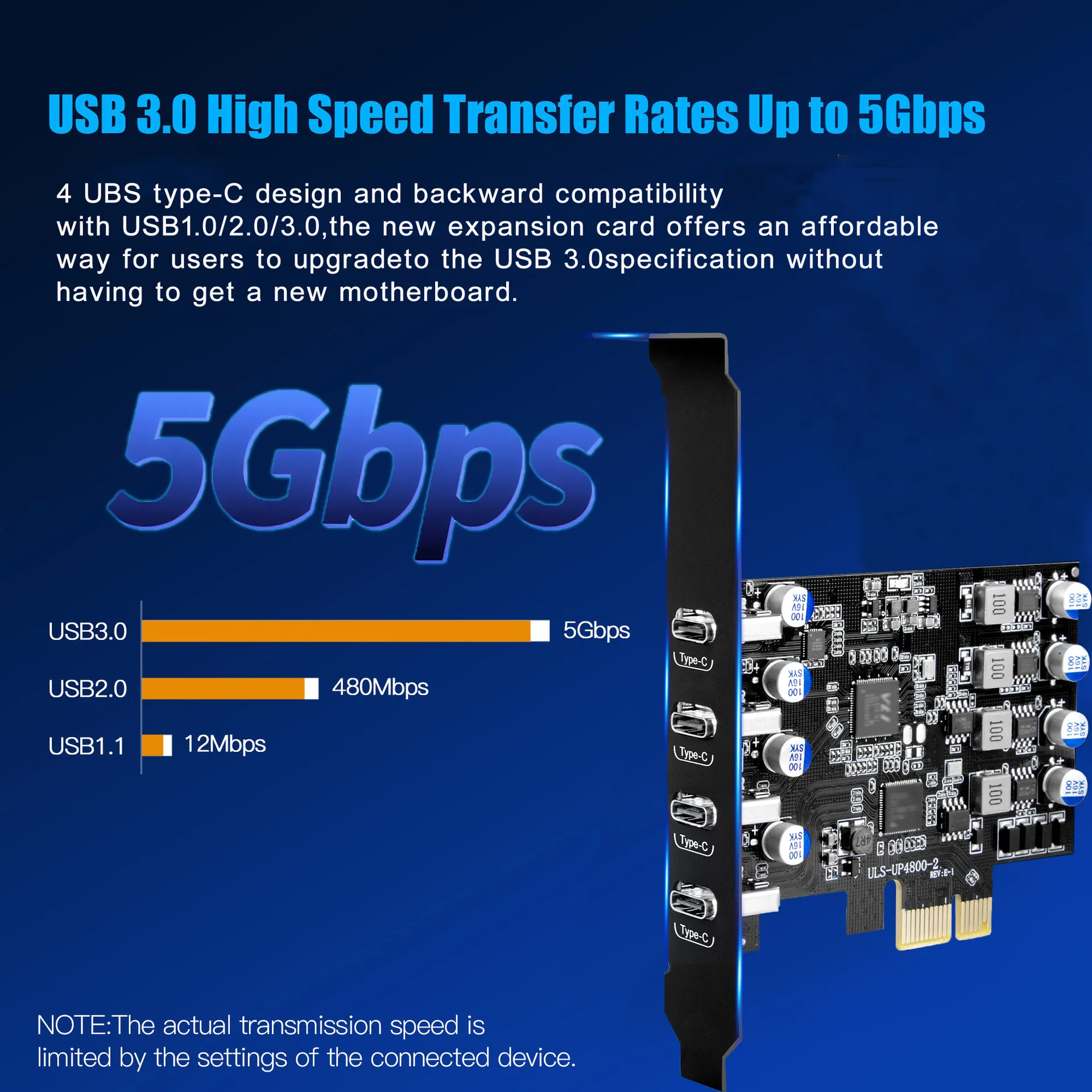 PCI-E x1 To USB 3.0 Expansion Card 4 Ports Type-C Adapter 5Gbps High Speed