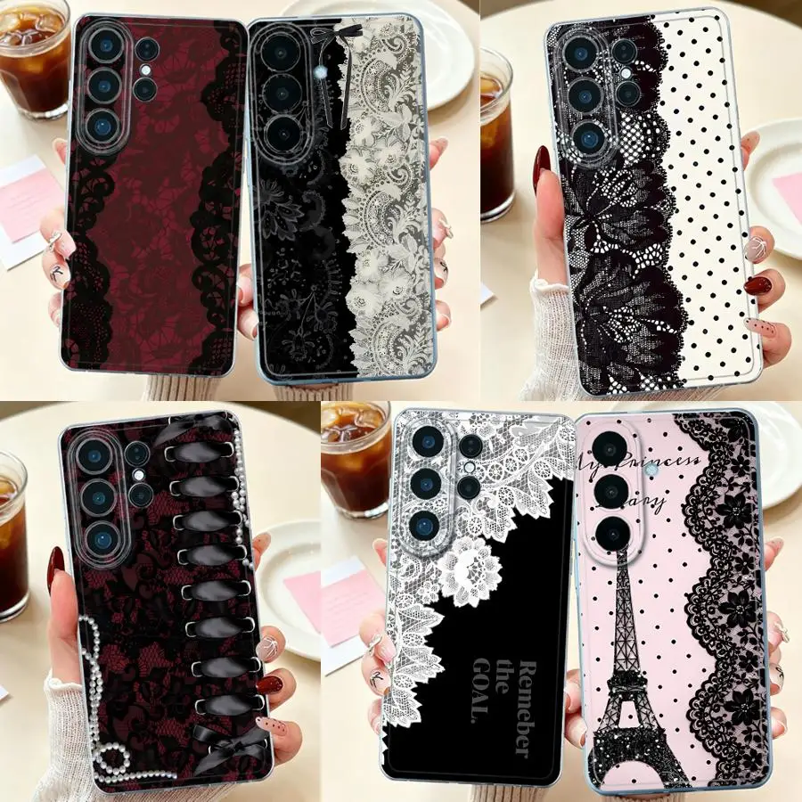 Black White Lace Phone Cover Case for Samsung Galaxy S26 Ultra S25 Edge Note 20 Ultra 10 S23 S21 S20 Plus S22 FE S25Ultra S26