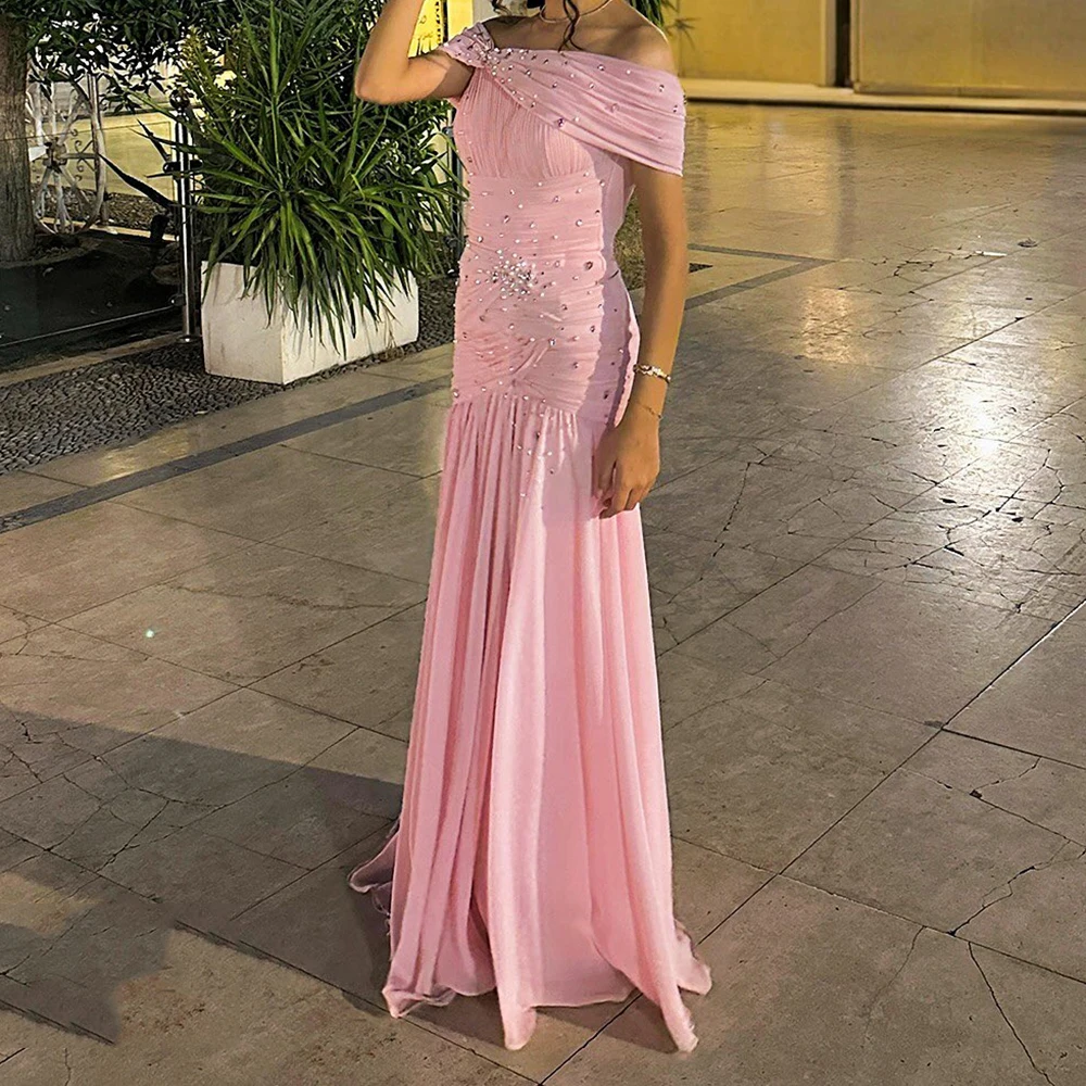 

Customized A-line Evening Dresses Floor-length Off The Shoulder Sleeveless Prom Gown Fashion Crystal Beading Pleat Party Gown