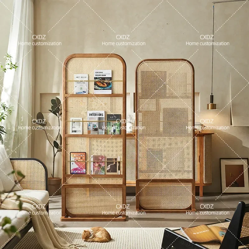Nordic Rattan Solid Wood Screen with Removable Shelf Seat Simple Home Partition for Bedroom Living Room Entrance