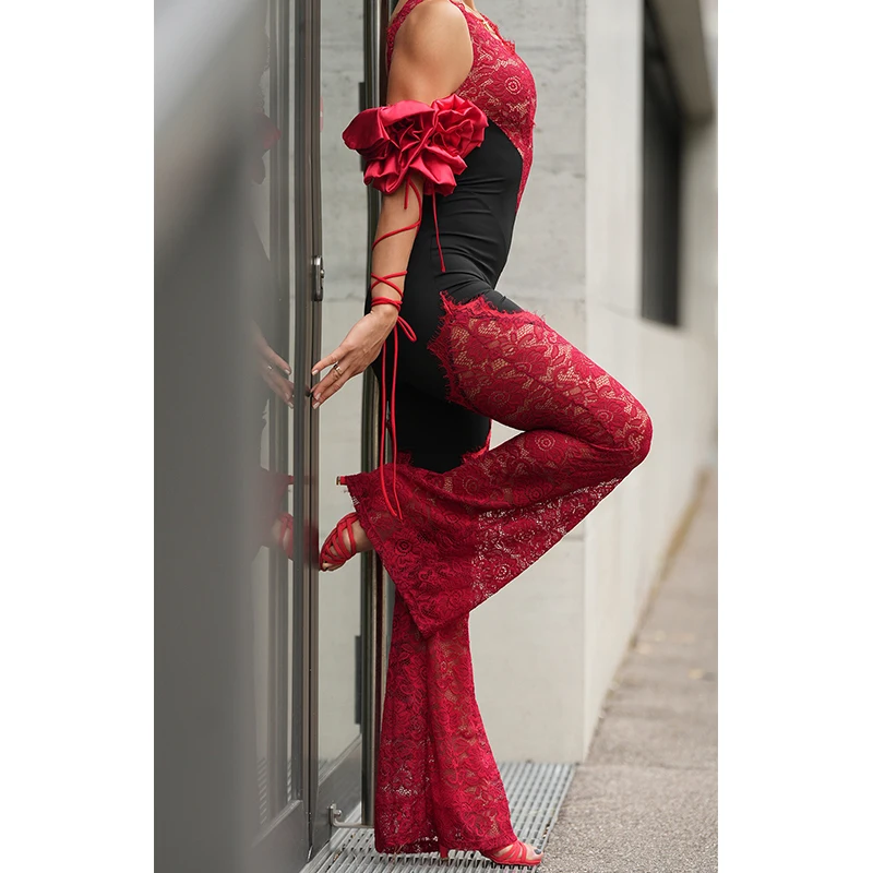 2025 Red Lace Latin Dance Jumpsuit Women Competition Clothing Cha Cha Rumba Dance Performance Cothes Adult Sexy Pants BL17705