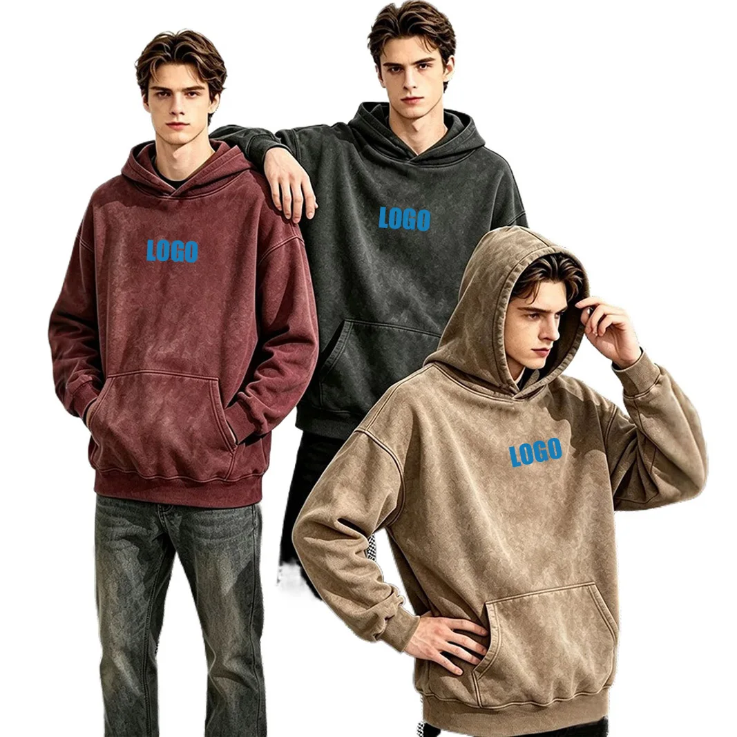 Personalized LOGO custom men's autumn and winter 360G American 100 cotton retro batik old shoulder hooded sweater