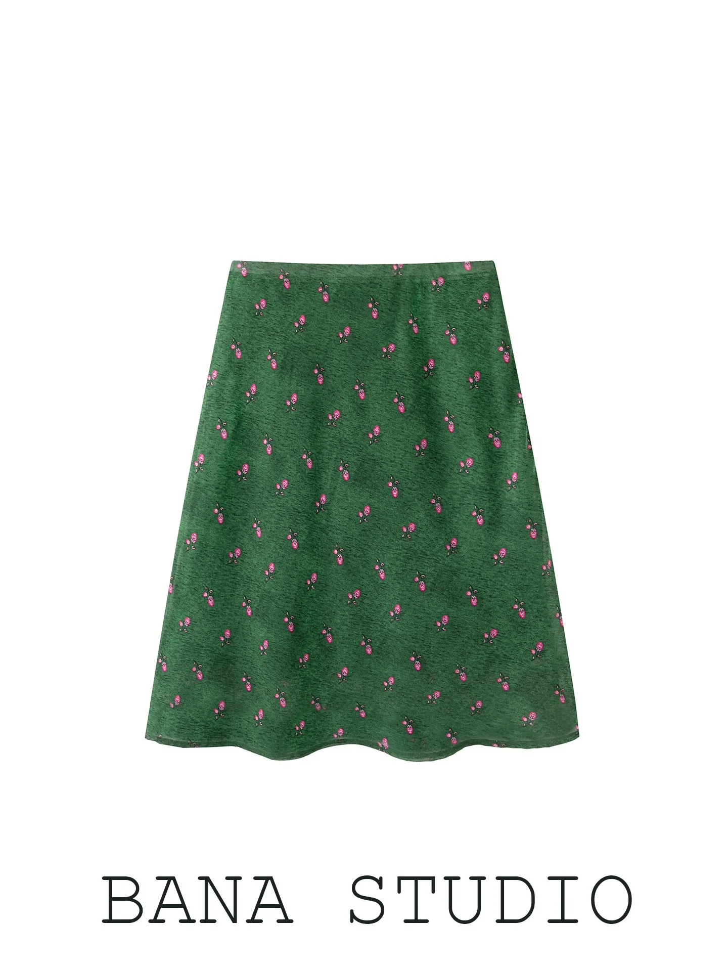 BANA Green Floral Print Chiffon A-Line Skirt Women's Summer New Style Casual High Waist Skirt City Commuting Daily Use