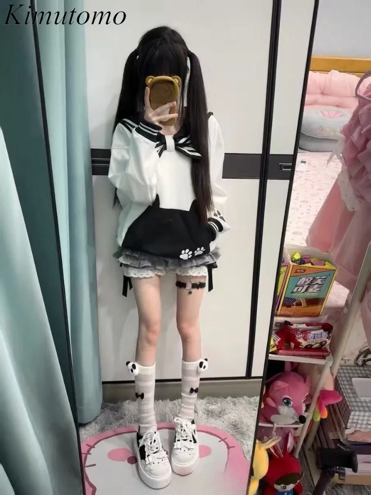 

Kimutomo толстовки женские милые мультяшные кролики с принтом в консервативном стиле с матросским воротником осень-зима свободные толстовки Y2k Harajuku