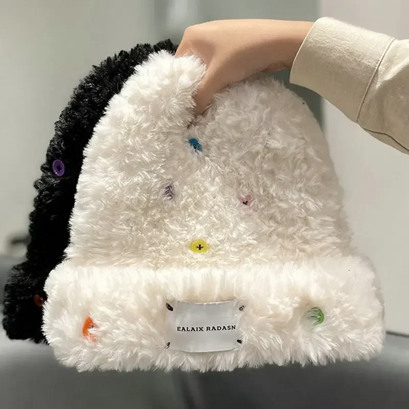 Y2k Colorful Button Plush Fisherman Hat for Women Knitting Winter Warm Panama Beanies Hats Bowl Cap Faux Fur  Loose Bucket Caps