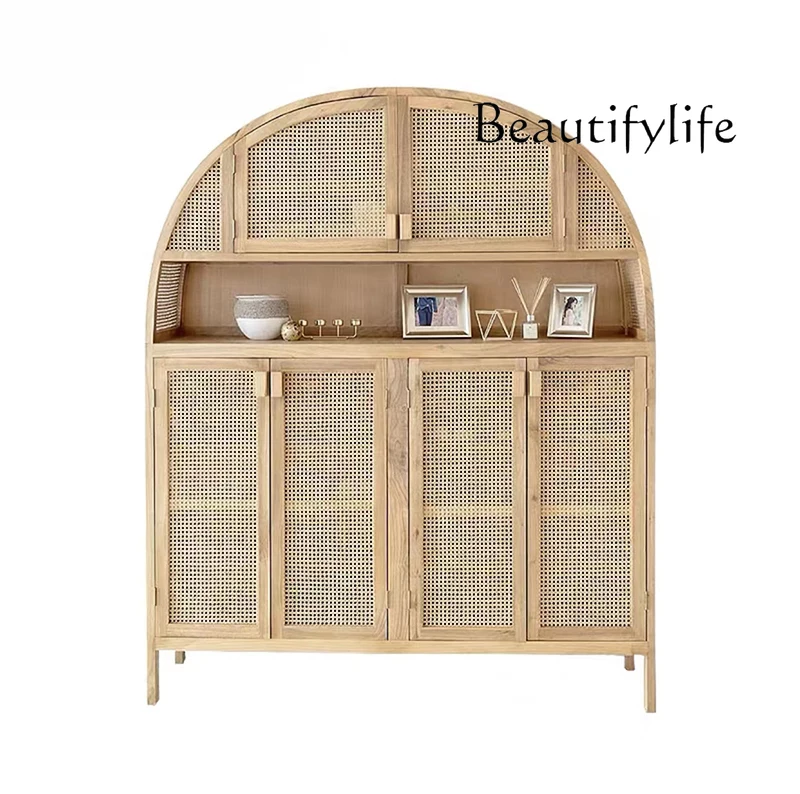 Nordic Log Style Solid Wood Sideboard Home Doorway Rattan Jumping Hallway Shoe Cabinet