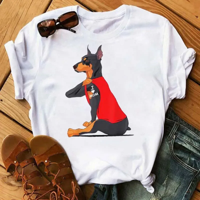 

“I Love Mom”Puppy T-shirt, Casual Short Sleeve Crew Neck Top for Spring & Summer, Women's Plus Size Clothing
