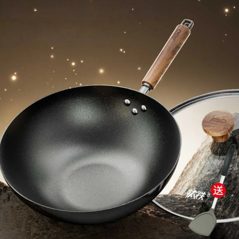 

Durable Titanium Iron Chinese Stir Fry Wok Non-stick Frying Pan for Home Kitchen No Coating Suitable for Gas and Induction Stove