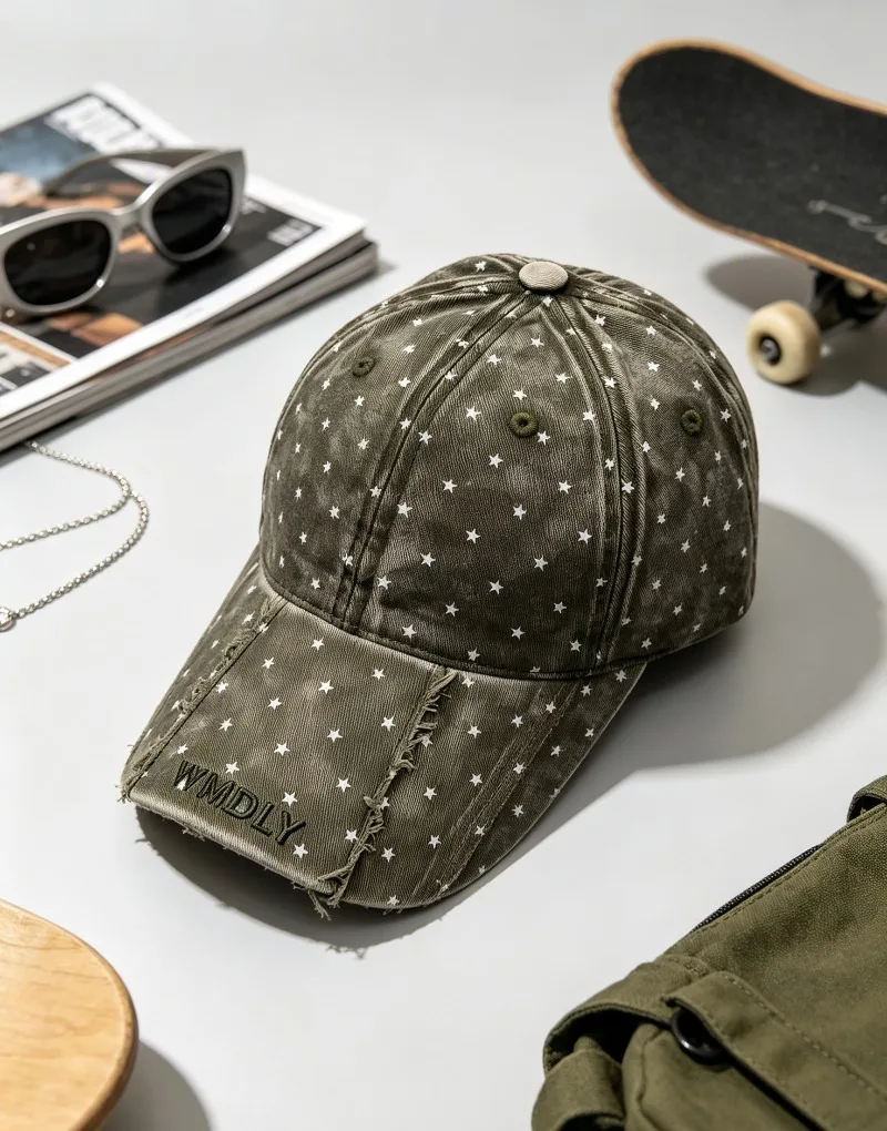 Washed Distressed Baseball Cap for Men WomenVintageStar Print Frayed Brim Embroidered Casual Unisex CoupleOutdoor Sports Sun Hat