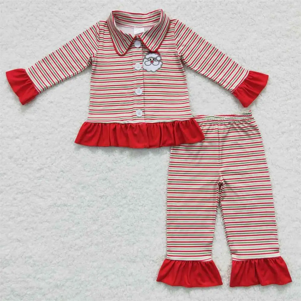 

Baby Girl Christmas Santa Embroidery Sleepwear Kid Long Sleeve Button Down Tops Set Pants Children Outfit Infant Stripes Pajamas