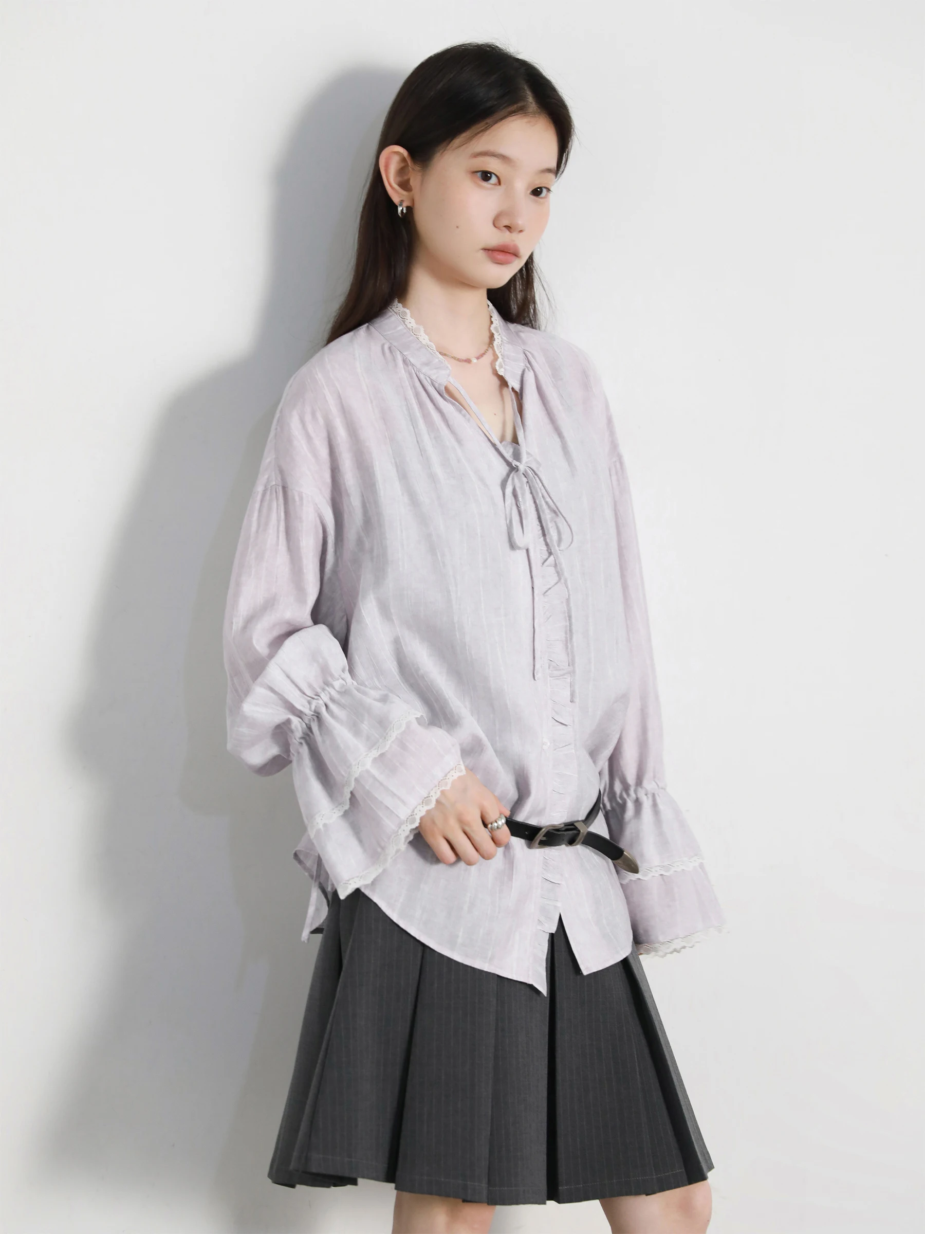 شيك فين قميص نسائي واحد الصدر الخامس الرقبة فضفاضة عادية كم طويل جديد الوقوف طوق معطف بلوزة الإناث ربيع الخريف 2025 #4