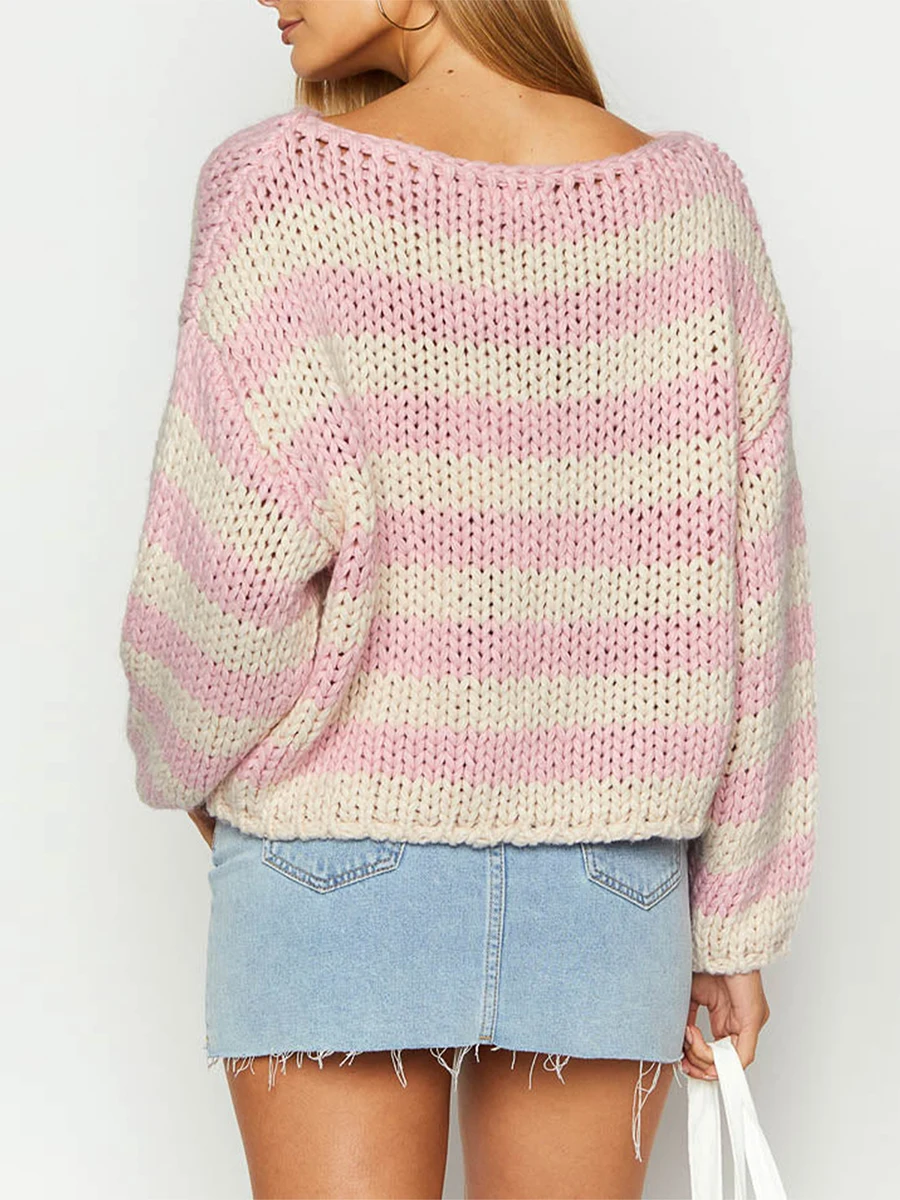 Women s Spring Autumn Knit Sweaters Pink Long Sleeve O Neck Stripe Print Knitwear