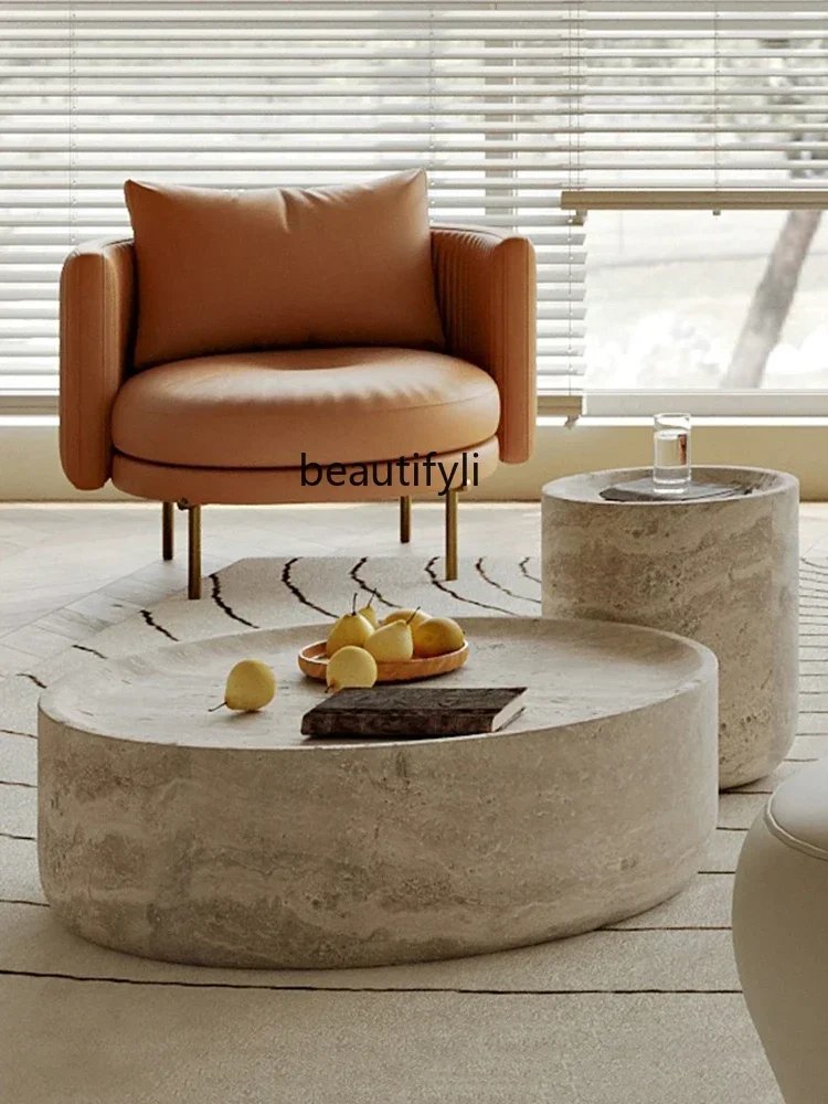 

Light Luxury and Quiet Style Famous Cave Stone Tea Table Advanced Artistic Living Room round Marble Combination Modern