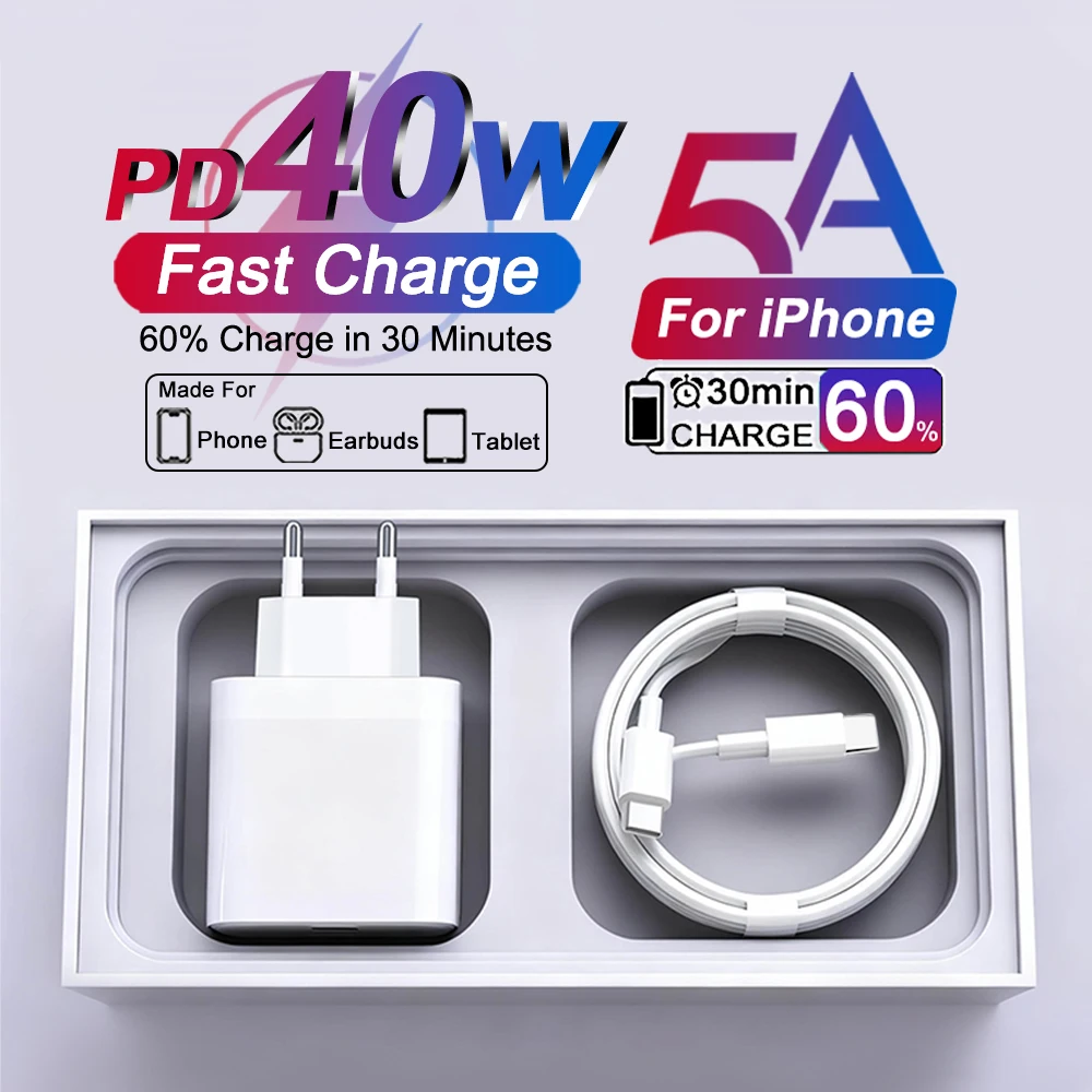 Original 40W USB Type C PD Fast Charger For iPhone 15 16 17 Air 14 13 12 11 Pro Max Plus Charging Cable Plug Adapter Accessories