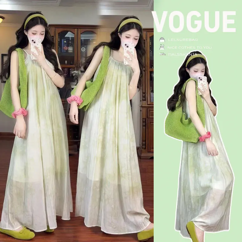 Maternity Dress Summer 2026 Loose Breathable Comfortable Tie Dye Maxi Spaghetti Strap Chiffon Dress For Pregnant Women Gentle