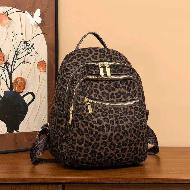 Wear-resistant Oxford cloth women's backpack, leopard print large capacity multi-pocket travel small backpack