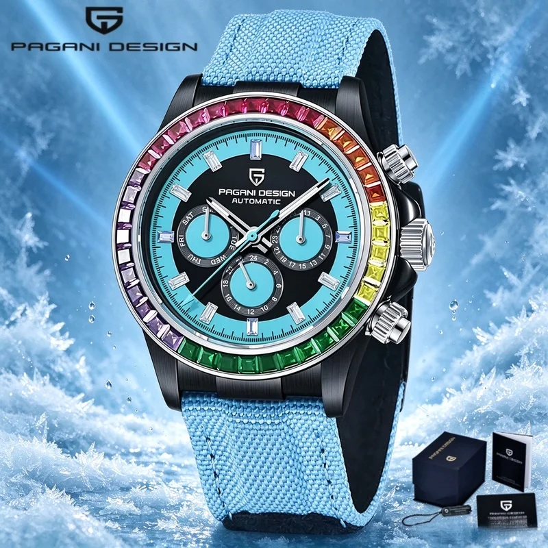 PAGANI DESIGN Luxury Men Automatic Mechanical Watch Multifunction Chronograph Rainbow Bezel Sapphire Glass Male Wristwatch
