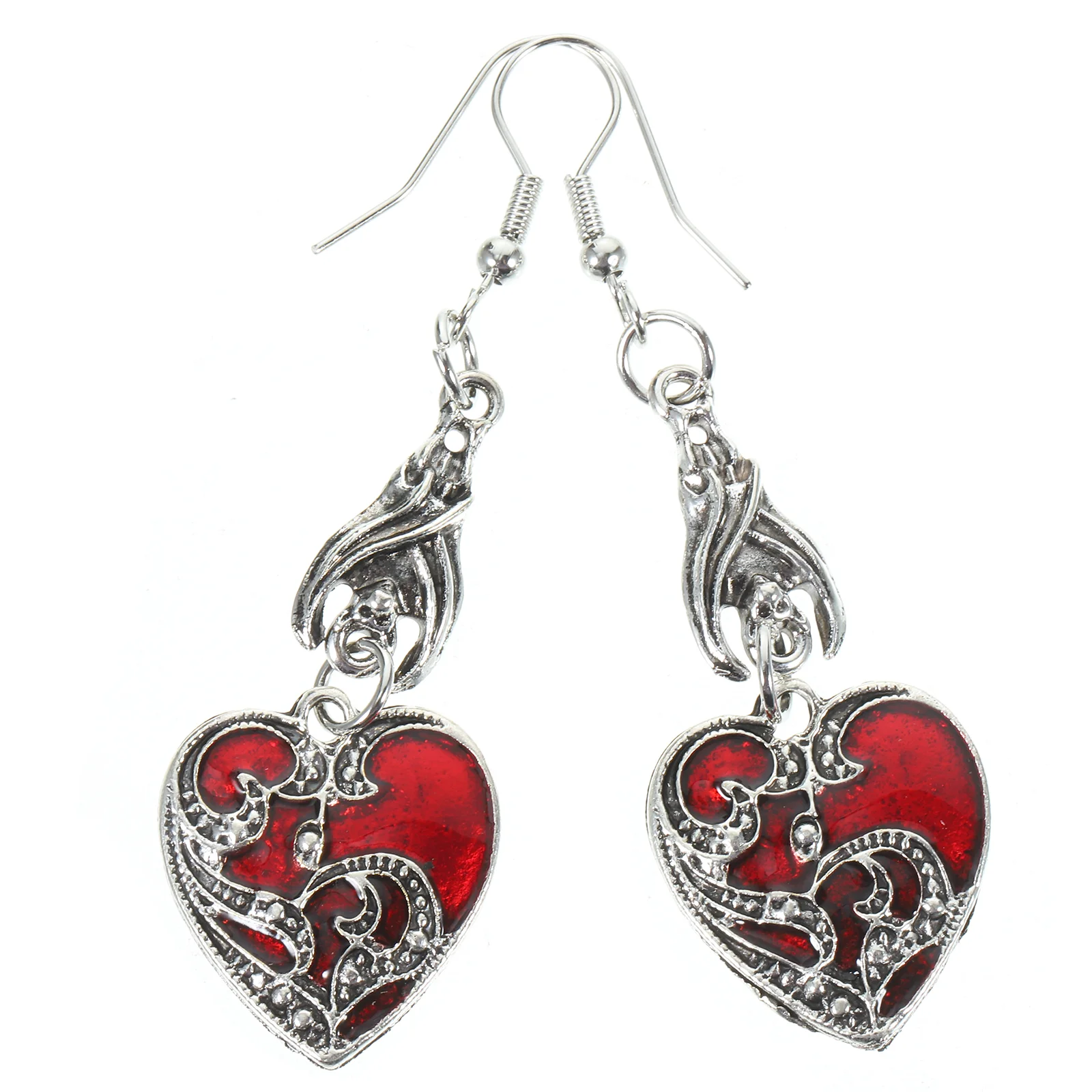 Heart Earrings for Women Halloween European and Women's Dark Bat Drip Oil Shape Simple Design 2pcs (Red) Dance