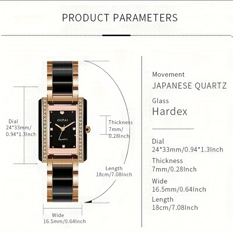 ساعة Oupai مستطيلة للنساء سوار أسود من حجر الراين كوارتز حركة عصرية وبسيطة ساعة يد رائعة مقاومة للماء